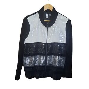 TIO Womens Black White Sequined Long Sleeve Front Zip Jacket Size PXL